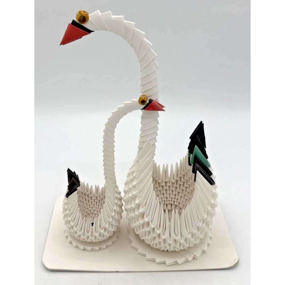 Vintage Origami Swans Paper Handmade Artistic Mom & Baby Asian Decor 10”x7"